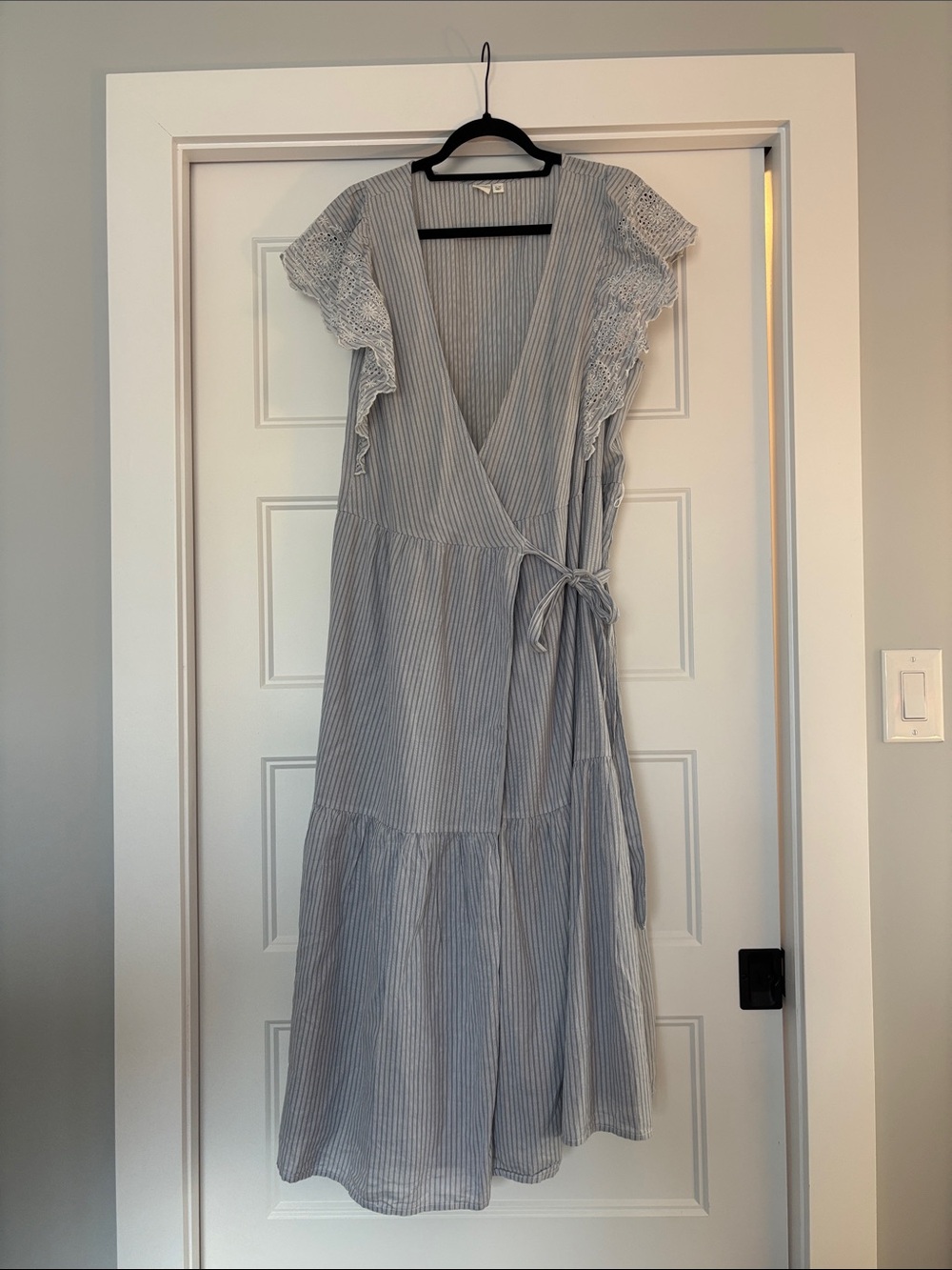 GAP Light Blue and White Striped Wrap Midi Dress with Lace Sleeves